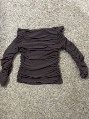 Off-Shoulder Ruched Long Sleeve Top in Chocolate Brown